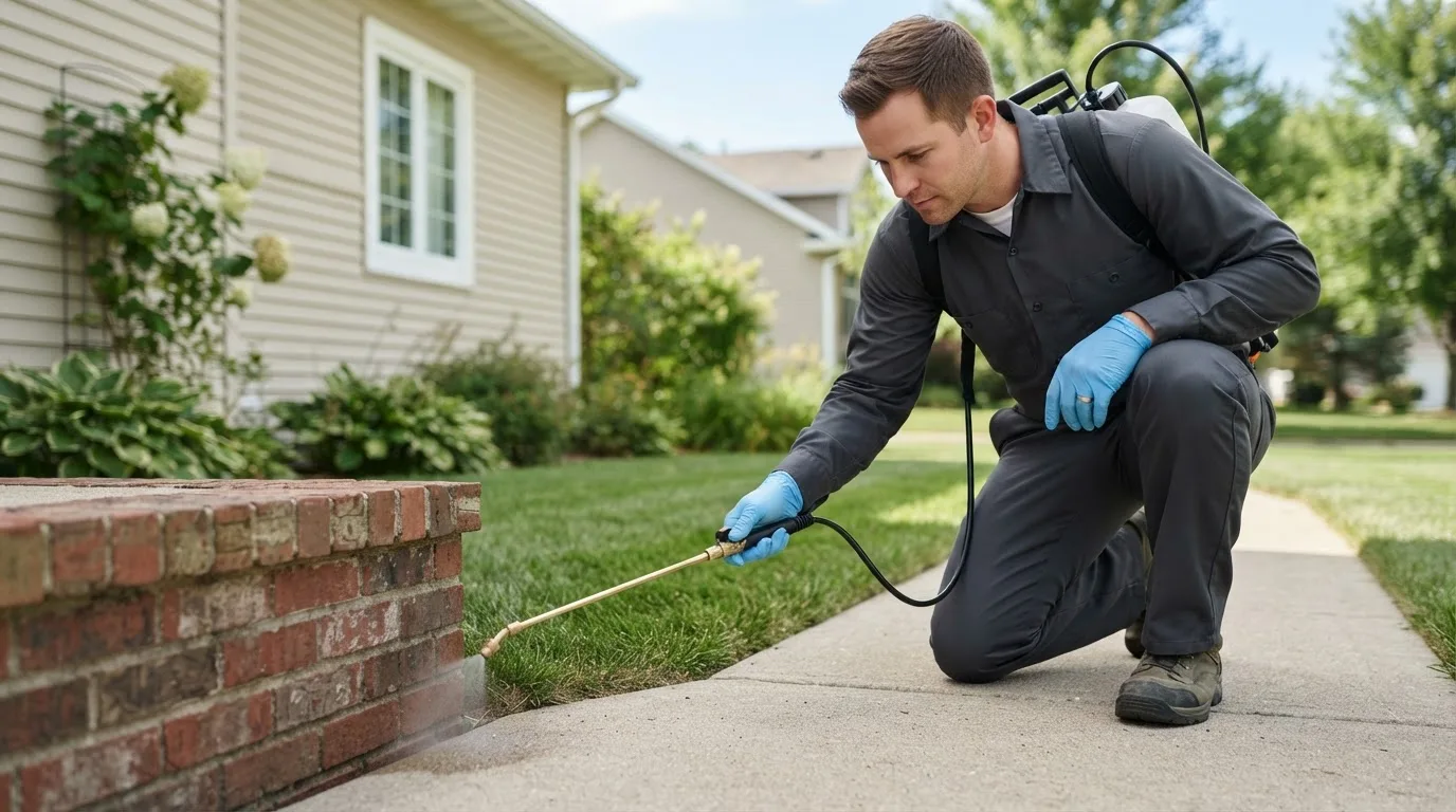 Pest control technician treating a home near St John, KS
