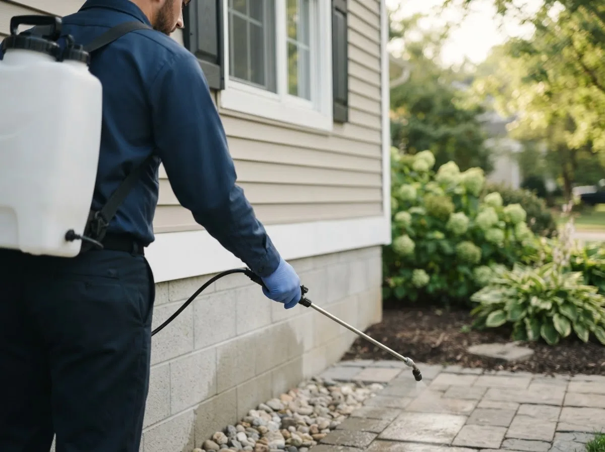Pest control technician inspecting a home in St John, KS